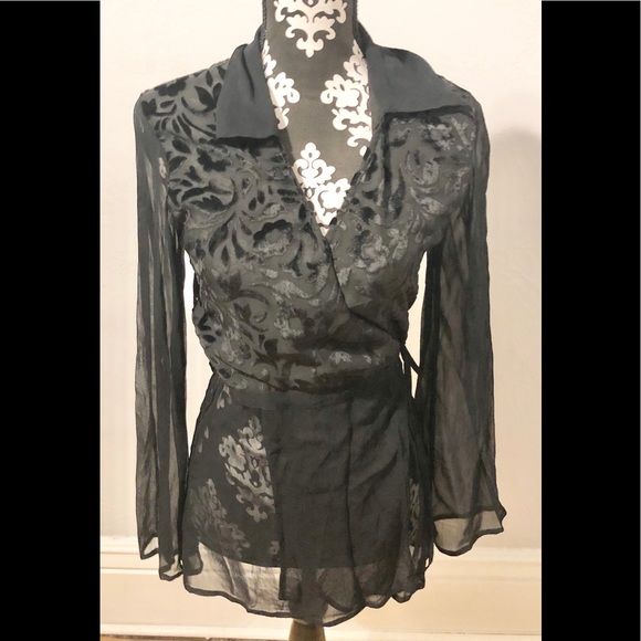 Black velvet translucent wrap floral print top S - Picture 1 of 5